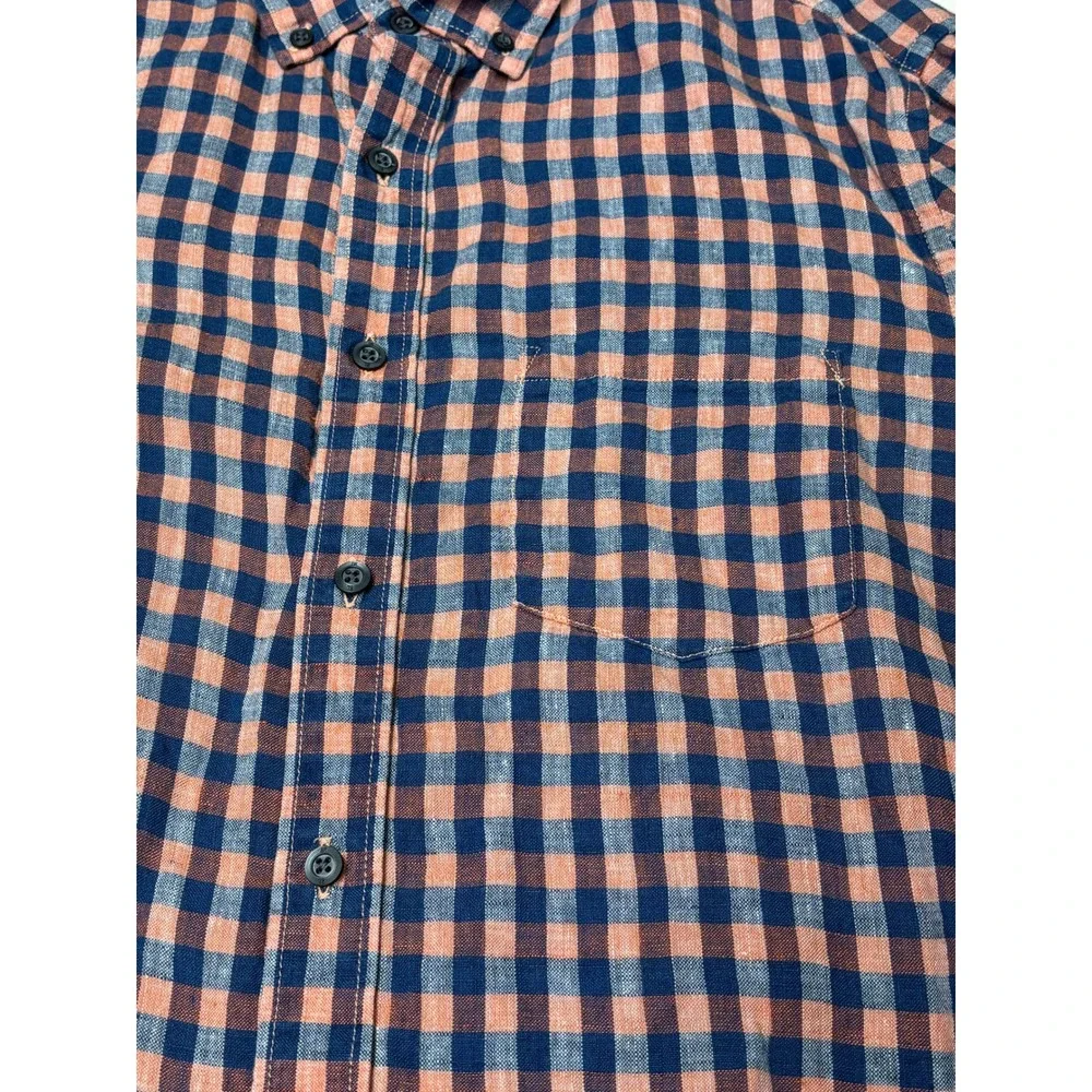 Banana Republic Camden Fit Mens Medium 100% Linen Gingham Shirt Navy Coral Pink